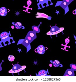 Seamless Sci-fi Background. Abstract Color Background with Aliens, Spaceships, Planets and Stars for Dress, Paper, Tablecloth. Retro Space Kids Pattern with Cute Monsters. Vector Texture.