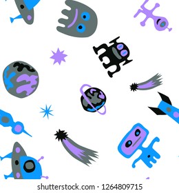 Seamless Sci-fi Background. Abstract Color Background with Aliens, Spaceships, Planets and Stars for Chintz, Curtain, Paper. Trendy Space Kids Pattern with Cute Monsters. Vector Texture.