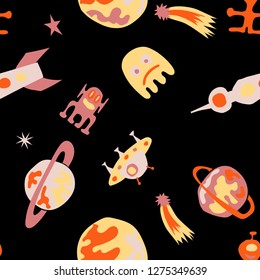 Seamless Sci-fi Background. Abstract Color Pattern with Aliens, Spaceships, Planets and Stars for Wallpaper, Fabric, Print. Vintage Space Kids Pattern with Cute Monsters. Vector Texture.