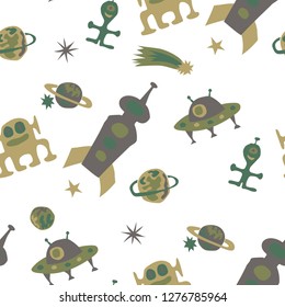 Seamless Sci-fi Background. Abstract Color Pattern with Aliens, Spaceships, Planets and Stars for Cotton, Print, Textile. Modern Space Kids Pattern with Cute Monsters. Vector Texture.