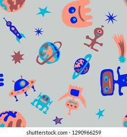 Seamless Sci-fi Background. Abstract Color Background with Aliens, Spaceships, Planets and Stars for Dress, Curtain, Tablecloth. Retro Space Kids Pattern with Cute Monsters. Vector Texture.