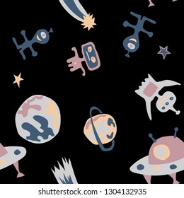 Seamless Sci-fi Background. Abstract Color Pattern with Aliens, Spaceships, Planets and Stars for Cotton, Print, Textile. Modern Space Kids Pattern with Cute Monsters. Vector Texture.