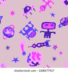Seamless Sci-fi Background. Abstract Color Background with Aliens, Spaceships, Planets and Stars for Wallpaper, Fabric, Textile. Modern Space Kids Pattern with Cute Monsters. Vector Texture.