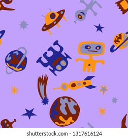 Seamless Sci-fi Background. Abstract Color Background with Aliens, Spaceships, Planets and Stars for Chintz, Linen, Wallpaper. Retro Space Kids Pattern with Cute Monsters. Vector Texture.