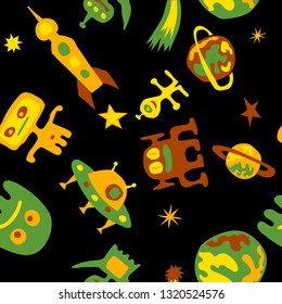 Seamless Sci-fi Background. Abstract Color Pattern with Aliens, Spaceships, Planets and Stars for Print, Fabric, Textile.  Trendy Space Kids Pattern with Cute Monsters. Vector Texture.