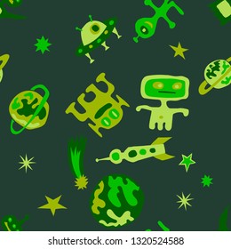 Seamless Sci-fi Background. Abstract Color Pattern with Aliens, Spaceships, Planets and Stars for Wallpaper, Cotton, Textile. Vintage Space Kids Pattern with Cute Monsters. Vector Texture.