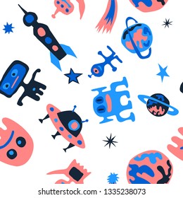 Seamless Sci-fi Background. Abstract Color Background with Aliens, Spaceships, Planets and Stars for Wallpaper, Cotton, Textile. Retro Space Kids Pattern with Cute Monsters. Vector Texture.