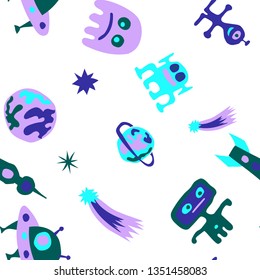 Seamless Sci-fi Background. Abstract Color Pattern with Aliens, Spaceships, Planets and Stars for Chintz, Curtain, Paper. Retro Space Kids Pattern with Cute Monsters. Vector Texture.