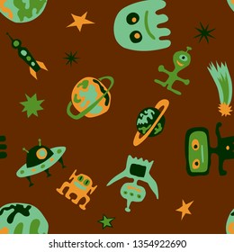 Seamless Sci-fi Background. Abstract Color Background with Aliens, Spaceships, Planets and Stars for Cotton, Print, Textile. Trendy Space Kids Pattern with Cute Monsters. Vector Texture.