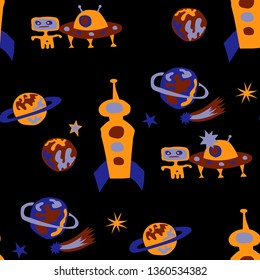 Seamless Sci-fi Background. Abstract Color Pattern with Aliens, Spaceships, Planets and Stars for Cotton, Print, Calico. Retro Space Kids Pattern with Cute Monsters. Vector Texture.