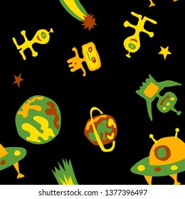 Seamless Sci-fi Background. Abstract Color Background with Aliens, Spaceships, Planets and Stars for Dress, Curtain, Paper. Modern Space Kids Pattern with Cute Monsters. Vector Texture.