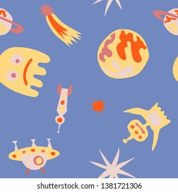 Seamless Sci-fi Background. Abstract Color Pattern with Aliens, Spaceships, Planets and Stars for Chintz, Curtain, Paper. Vintage Space Kids Pattern with Cute Monsters. Vector Texture.