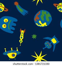 Seamless Sci-fi Background. Abstract Color Pattern with Aliens, Spaceships, Planets and Stars for Fabric, Cloth, Textile. Vintage Space Kids Pattern with Cute Monsters. Vector Texture.