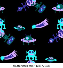 Seamless Sci-fi Background. Abstract Color Pattern with Aliens, Spaceships, Planets and Stars for Dress, Paper, Tablecloth. Modern Space Kids Pattern with Cute Monsters. Vector Texture.