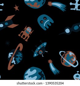 Seamless Sci-fi Background. Abstract Color Pattern with Aliens, Spaceships, Planets and Stars for Wallpaper, Print, Textile. Retro Space Kids Pattern with Cute Monsters. Vector Texture.