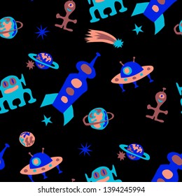 Seamless Sci-fi Background. Abstract Color Background with Aliens, Spaceships, Planets and Stars for Print, Cloth, Fabric. Trendy Space Kids Pattern with Cute Monsters. Vector Texture.