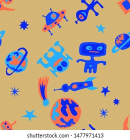 Seamless Sci-fi Background. Abstract Color Pattern with Aliens, Spaceships, Planets and Stars for Chintz, Curtain, Paper. Retro Space Kids Pattern with Cute Monsters. Vector Texture.