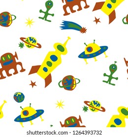 Seamless Sci-fi Pattern. Abstract Color Pattern with Aliens, Spaceships, Planets and Stars for Cotton, Calico, Textile. Modern Space Kids Pattern with Cute Monsters. Vector Texture.