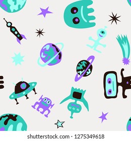 Seamless Sci-fi Pattern. Abstract Color Background with Aliens, Spaceships, Planets and Stars for Fabric, Cloth, Textile. Modern Space Kids Pattern with Cute Monsters. Vector Texture.