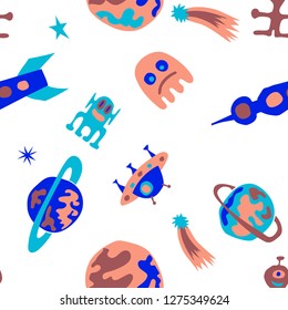 Seamless Sci-fi Pattern. Abstract Color Pattern with Aliens, Spaceships, Planets and Stars for Dress, Curtain, Tablecloth. Vintage Space Kids Pattern with Cute Monsters. Vector Texture.