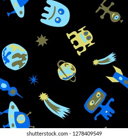 Seamless Sci-fi Pattern. Abstract Color Pattern with Aliens, Spaceships, Planets and Stars for Fabric, Cloth, Textile. Trendy Space Kids Pattern with Cute Monsters. Vector Texture.
