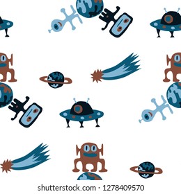 Seamless Sci-fi Pattern. Abstract Color Background with Aliens, Spaceships, Planets and Stars for Print, Cloth, Textile. Retro Space Kids Pattern with Cute Monsters. Vector Texture.