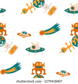 Seamless Sci-fi Pattern. Abstract Color Pattern with Aliens, Spaceships, Planets and Stars for Chintz, Linen, Paper. Trendy Space Kids Pattern with Cute Monsters. Vector Texture.