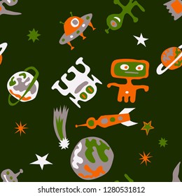 Seamless Sci-fi Pattern. Abstract Color Pattern with Aliens, Spaceships, Planets and Stars for Print, Fabric, Cloth. Trendy Space Kids Pattern with Cute Monsters. Vector Texture.