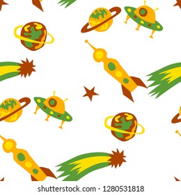 Seamless Sci-fi Pattern. Abstract Color Pattern with Aliens, Spaceships, Planets and Stars for Cotton, Calico, Textile. Vintage Space Kids Pattern with Cute Monsters. Vector Texture.