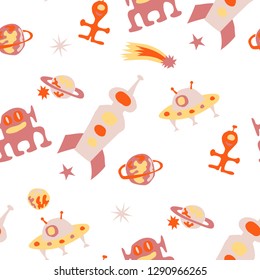 Seamless Sci-fi Pattern. Abstract Color Pattern with Aliens, Spaceships, Planets and Stars for Dress, Curtain, Tablecloth. Trendy Space Kids Pattern with Cute Monsters. Vector Texture.