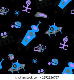 Seamless Sci-fi Pattern. Abstract Color Pattern with Aliens, Spaceships, Planets and Stars for Linen, Paper, Tablecloth. Retro Space Kids Pattern with Cute Monsters. Vector Texture.