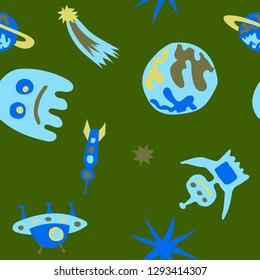 Seamless Sci-fi Pattern. Abstract Color Pattern with Aliens, Spaceships, Planets and Stars for Wallpaper, Cotton, Textile. Modern Space Kids Pattern with Cute Monsters. Vector Texture.