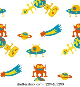 Seamless Sci-fi Pattern. Abstract Color Background with Aliens, Spaceships, Planets and Stars for Wallpaper, Fabric, Print. Retro Space Kids Pattern with Cute Monsters. Vector Texture.
