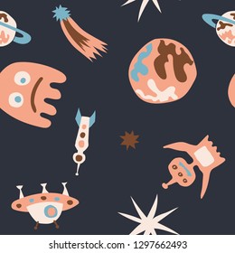 Seamless Sci-fi Pattern. Abstract Color Pattern with Aliens, Spaceships, Planets and Stars for Linen, Paper, Tablecloth. Trendy Space Kids Pattern with Cute Monsters. Vector Texture.