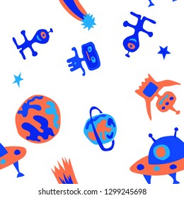 Seamless Sci-fi Pattern. Abstract Color Background with Aliens, Spaceships, Planets and Stars for Fabric, Cloth, Textile. Modern Space Kids Pattern with Cute Monsters. Vector Texture.