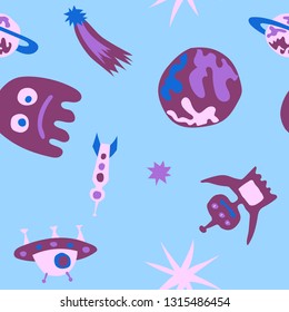 Seamless Sci-fi Pattern. Abstract Color Background with Aliens, Spaceships, Planets and Stars for Print, Cloth, Textile. Trendy Space Kids Pattern with Cute Monsters. Vector Texture.