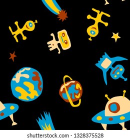 Seamless Sci-fi Pattern. Abstract Color Background with Aliens, Spaceships, Planets and Stars for Wallpaper, Print, Textile. Modern Space Kids Pattern with Cute Monsters. Vector Texture.