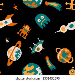 Seamless Sci-fi Pattern. Abstract Color Pattern with Aliens, Spaceships, Planets and Stars for Cotton, Print, Textile. Modern Space Kids Pattern with Cute Monsters. Vector Texture.