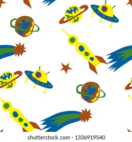 Seamless Sci-fi Pattern. Abstract Color Pattern with Aliens, Spaceships, Planets and Stars for Cotton, Calico, Textile. Trendy Space Kids Pattern with Cute Monsters. Vector Texture.