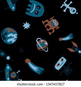 Seamless Sci-fi Pattern. Abstract Color Pattern with Aliens, Spaceships, Planets and Stars for Chintz, Curtain, Paper. Vintage Space Kids Pattern with Cute Monsters. Vector Texture.
