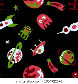 Seamless Sci-fi Pattern. Abstract Color Background with Aliens, Spaceships, Planets and Stars for Print, Cloth, Textile. Retro Space Kids Pattern with Cute Monsters. Vector Texture.