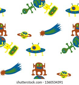 Seamless Sci-fi Pattern. Abstract Color Pattern with Aliens, Spaceships, Planets and Stars for Wallpaper, Cotton, Textile. Retro Space Kids Pattern with Cute Monsters. Vector Texture.