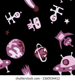 Seamless Sci-fi Pattern. Abstract Color Background with Aliens, Spaceships, Planets and Stars for Linen, Paper, Tablecloth. Retro Space Kids Pattern with Cute Monsters. Vector Texture.