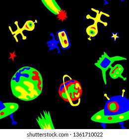 Seamless Sci-fi Pattern. Abstract Color Pattern with Aliens, Spaceships, Planets and Stars for Wallpaper, Fabric, Print. Vintage Space Kids Pattern with Cute Monsters. Vector Texture.