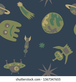 Seamless Sci-fi Pattern. Abstract Color Pattern with Aliens, Spaceships, Planets and Stars for Print, Fabric, Textile.  Retro Space Kids Pattern with Cute Monsters. Vector Texture.
