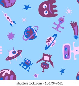 Seamless Sci-fi Pattern. Abstract Color Pattern with Aliens, Spaceships, Planets and Stars for Print, Fabric, Textile. Trendy Space Kids Pattern with Cute Monsters. Vector Texture.