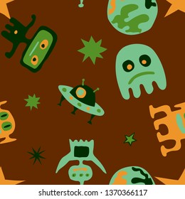 Seamless Sci-fi Pattern. Abstract Color Pattern with Aliens, Spaceships, Planets and Stars for Print, Fabric, Textile.  Trendy Space Kids Pattern with Cute Monsters. Vector Texture.