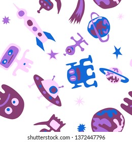 Seamless Sci-fi Pattern. Abstract Color Pattern with Aliens, Spaceships, Planets and Stars for Print, Cloth, Textile. Trendy Space Kids Pattern with Cute Monsters. Vector Texture.