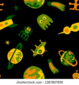 Seamless Sci-fi Pattern. Abstract Color Pattern with Aliens, Spaceships, Planets and Stars for Print, Cloth, Fabric. Modern Space Kids Pattern with Cute Monsters. Vector Texture.