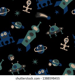 Seamless Sci-fi Pattern. Abstract Color Background with Aliens, Spaceships, Planets and Stars for Chintz, Curtain, Paper. Vintage Space Kids Pattern with Cute Monsters. Vector Texture.